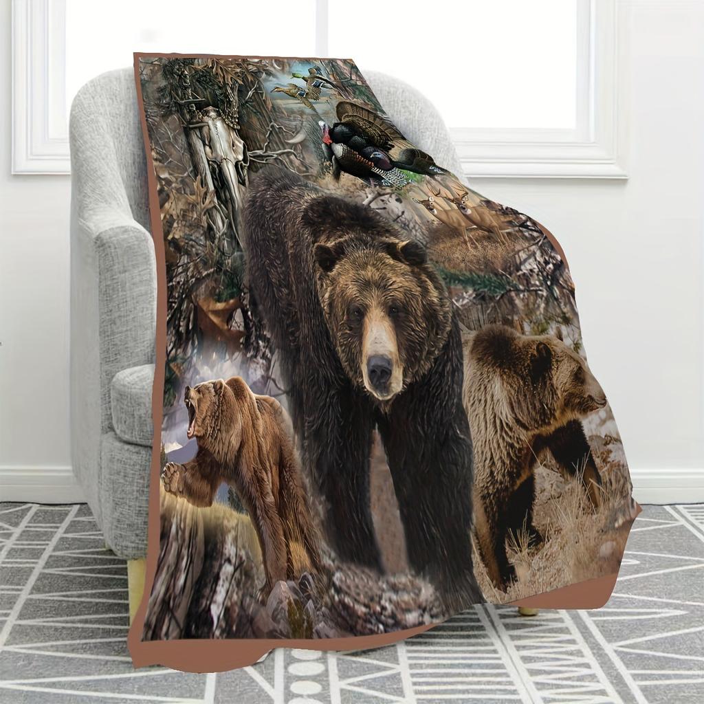 Painted Forest Bear Digital-printed Polyester Bedroom Velvet Flannel Cover Blanket Fleece Soft Sofa Cover Blankets for Beds