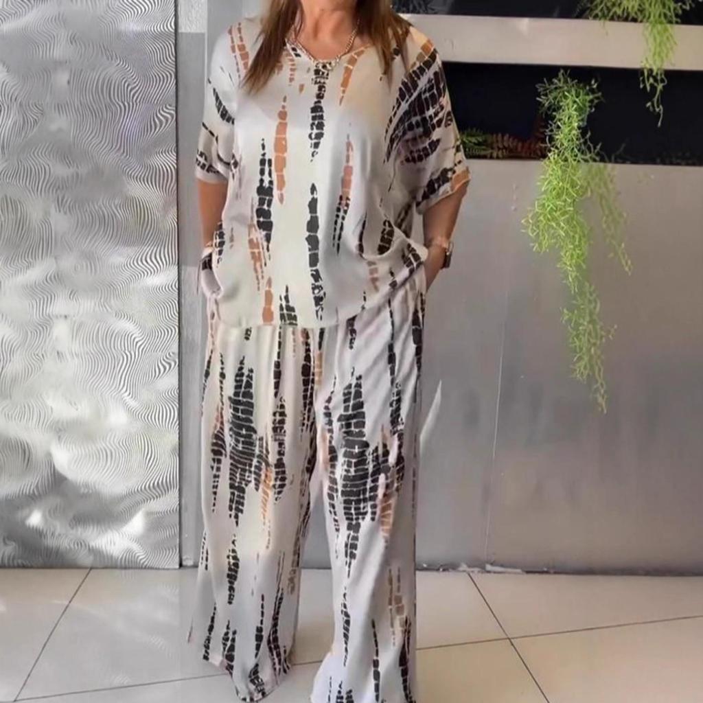 Conjunto de Dos Piezas Holgado con Estampado de Moda y Cuello Redondo para Mujer Verano 2025