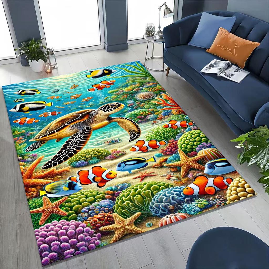 Dream Underwater World Sea Dolphin Turtle Coral Art Rug for Bedroom Living Room Sofa Home Doormat Decor,Kids Non-slip Floor Mat