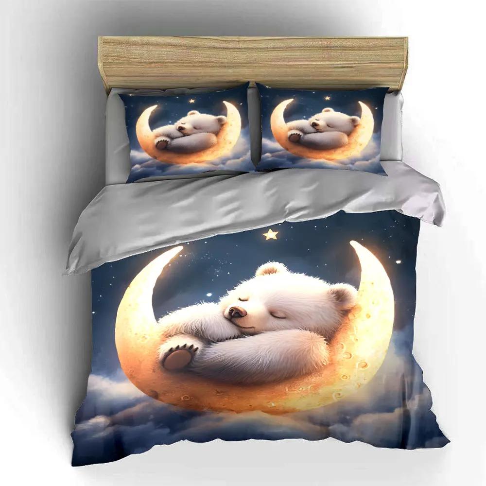 Sleeping Bear Moon Decor Set Soft Comfortable Duvet Cover Bedding Set Included 1*Duvet Cover & 2*Pillowcases Gift