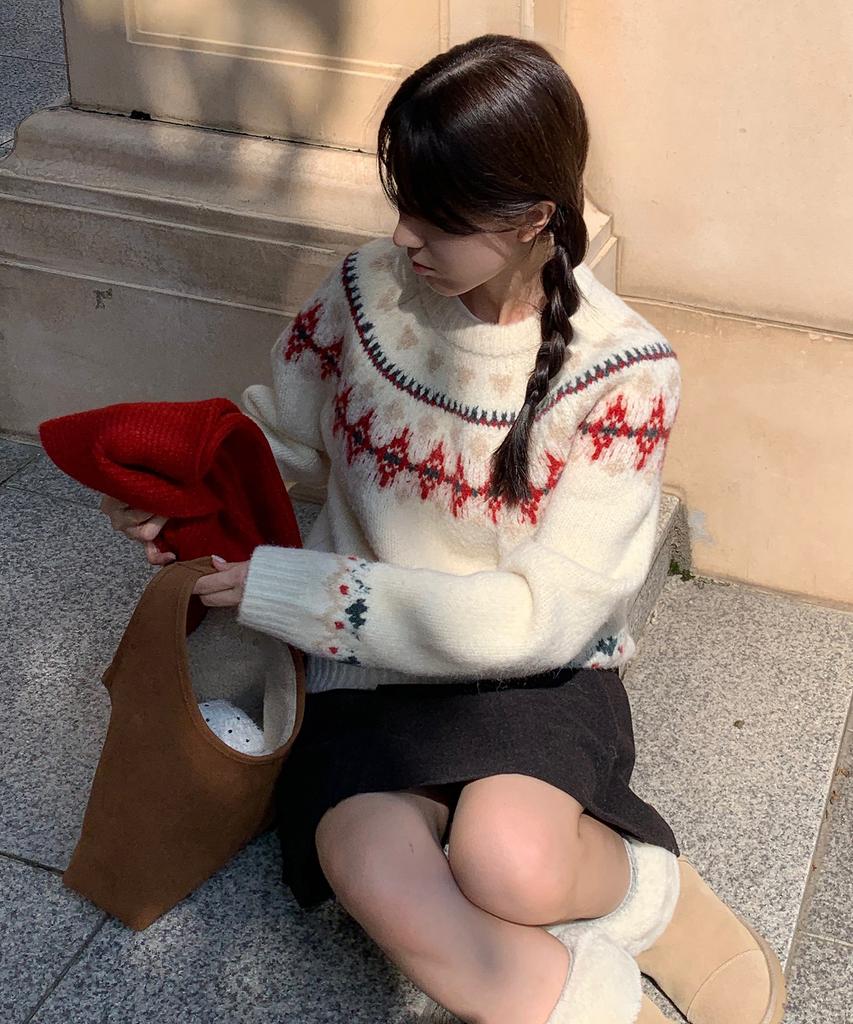 Deuloupisumeon [Drawfit Women X Aloha] Fence Nordic Pullover Knit [L.Grey]