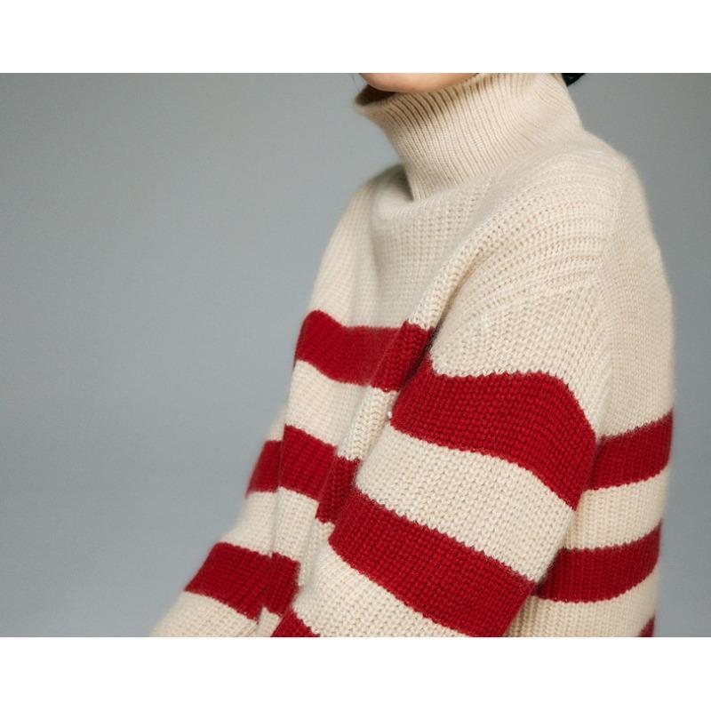 Pull ample à col mi-haut et rayures tricotées pour femme, automne et hiver