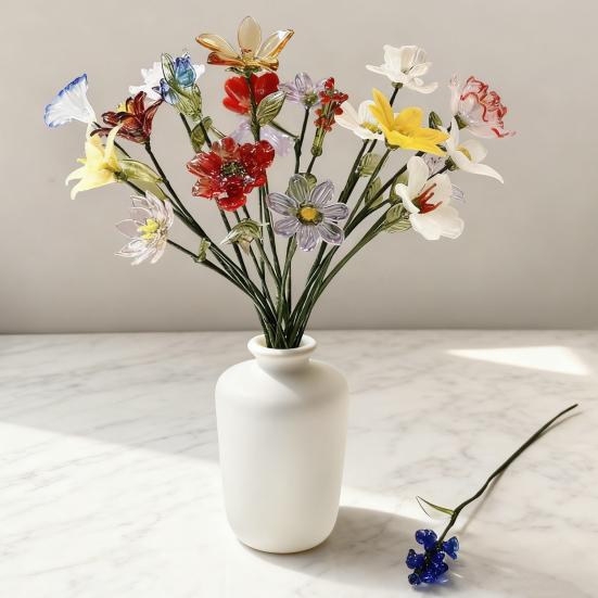 Hand-Blown Glass Flower Decoration with Wire Stem Handmade Colored Glaze Floral Figurine Home Living Room Office Table Flower Vase Ornament