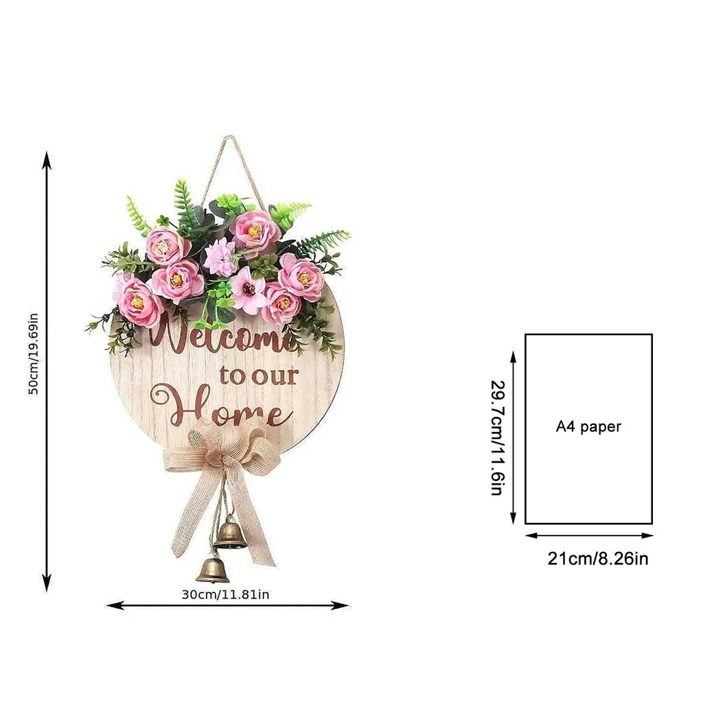 Welcome Wooden Door Sign With Bell And Wreath - Homecoming And Holiday Door Hanging Decoration