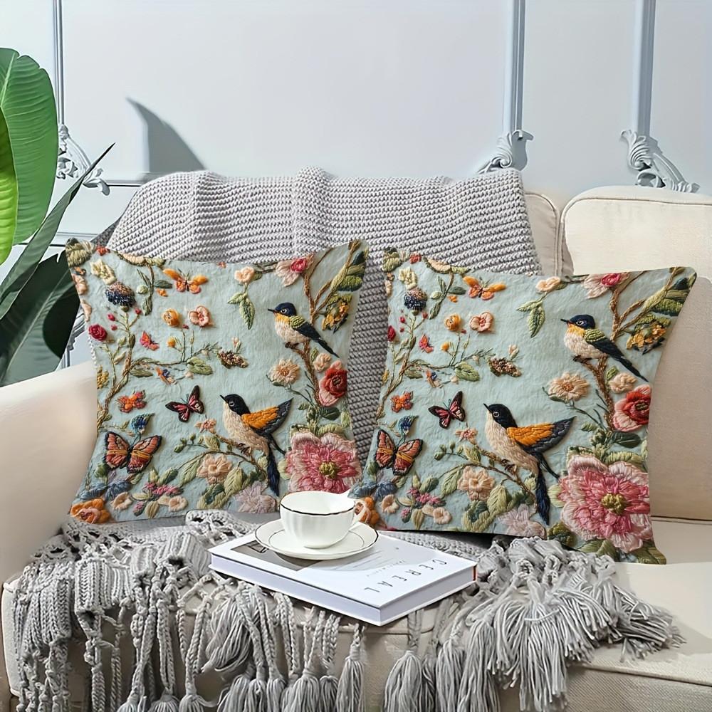 Floral Bird Butterfly Embroidered Velvet Pillow Cover For Living Room Decor