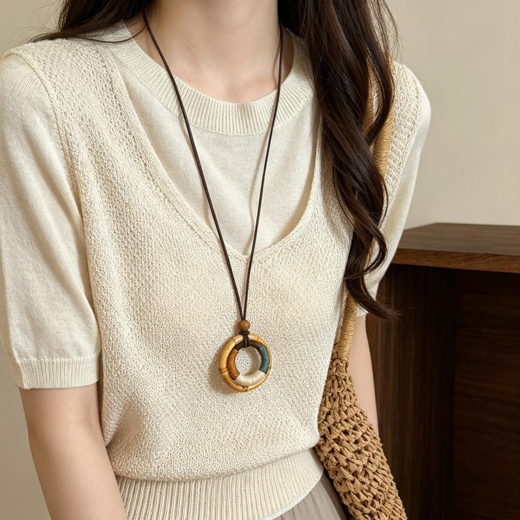 Trendy Boho Hollow Wood Chunky Geometry Bamboo Joint Pendant Long Adjustable Rope Sweater Chain Necklace For Women Charms Jewely