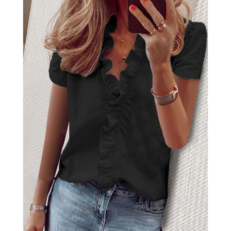 Summer and Autumn Short Sleeved Ruffled Shirt for Women