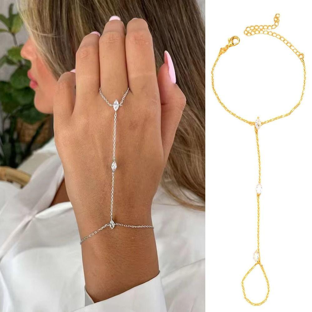 Personalized Gold/Silver Crystal Zircon Bracelet Hand Jewelry Women Thin Chain Finger Ring Hand Chain Women Thin Chain