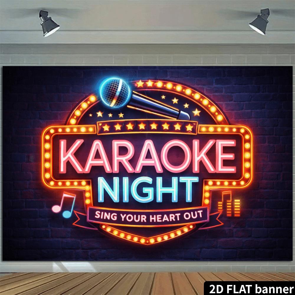 2D retro karaoke night flag background  neon effect microphone and scattered star recording pattern