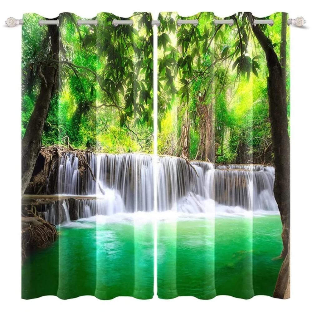 Forest Waterfall High Shading Drapes ideal for Bedroom Space Natural Landscape Blackout Curtains Mountain Stream Window Opening Drape Living Room