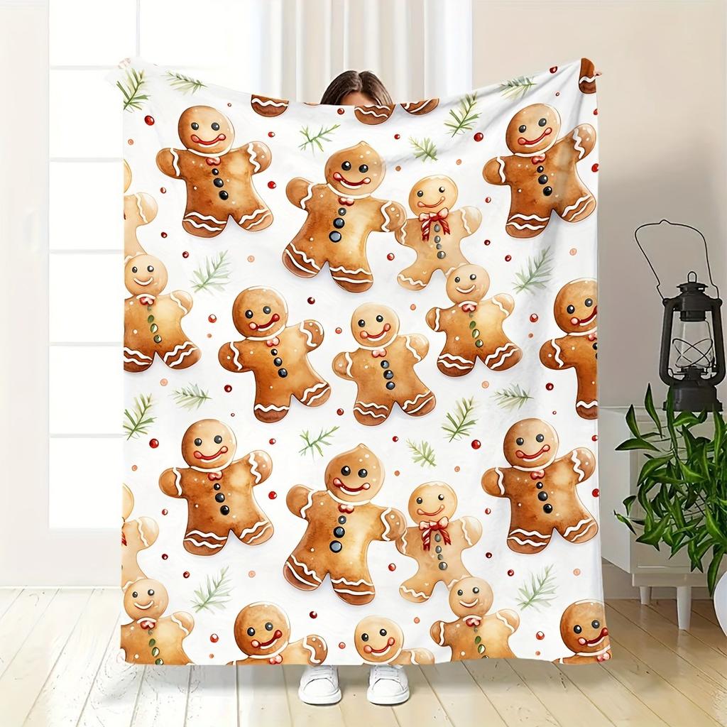 1pc White Cute Gingerbread for Man Snowflake Pattern Soft Printed Blanket Ideal Christmas Gift for Family Members Portable