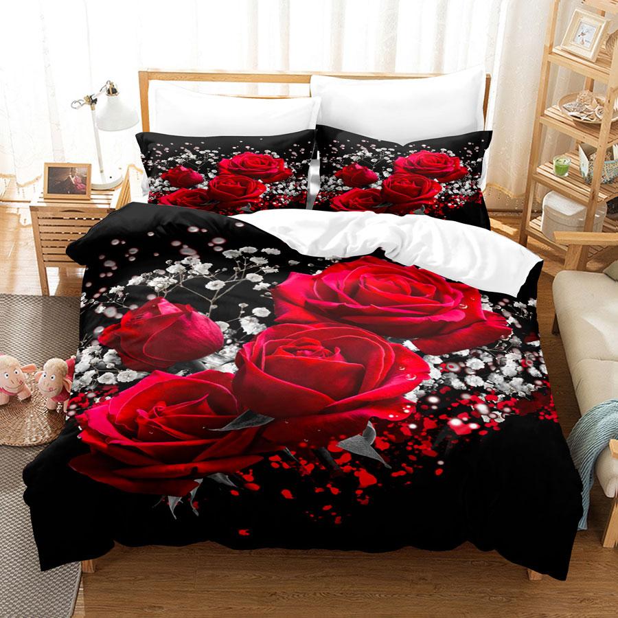 Rote Rosen Bettbezug Set Queen King Full 3D Bettwäscheset Floral Mit Kissenbezug Für Einzel- Doppelbett Valentinstag Geschenk