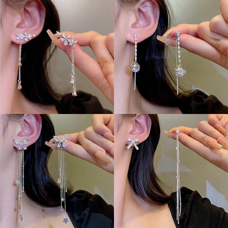 "925 Silver Long Tassel Zircon Bow Earrings for Women - Light Luxury & Versatile Design"