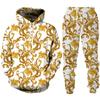 Luxury Golden Floral Print Men's 2 Piece Outfit Retro Baroque Pattern Hoodie/Pants/Set Hip Hop Streetwear Men/Women Jogging Suit