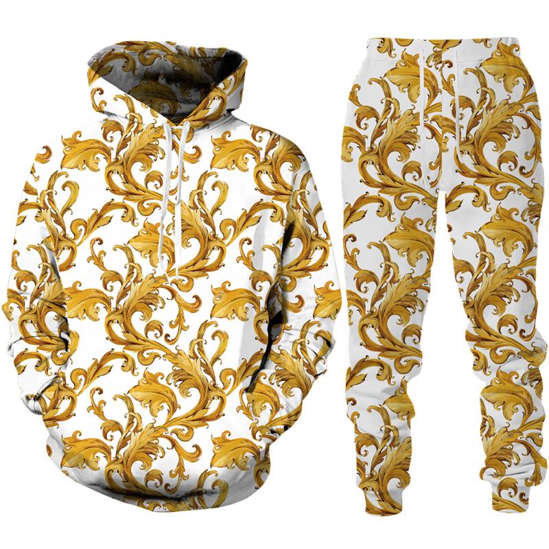Luxury Golden Floral Print Men's 2 Piece Outfit Retro Baroque Pattern Hoodie/Pants/Set Hip Hop Streetwear Men/Women Jogging Suit