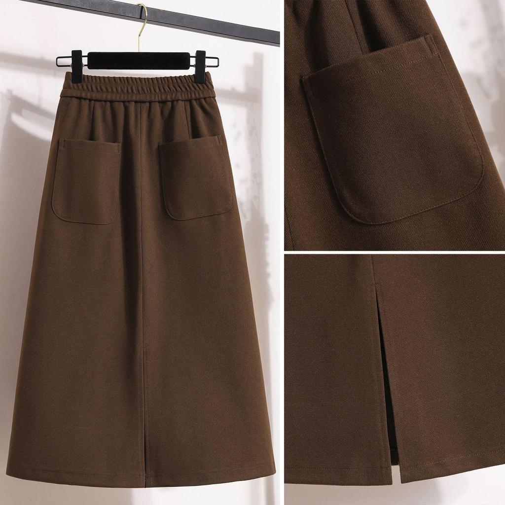Jupe Mi-longue Unie pour Femme avec Poches et Fente Arrière - Élégante Printemps/Automne, Taille Élastique, Longueur Moyenne, Style Mature