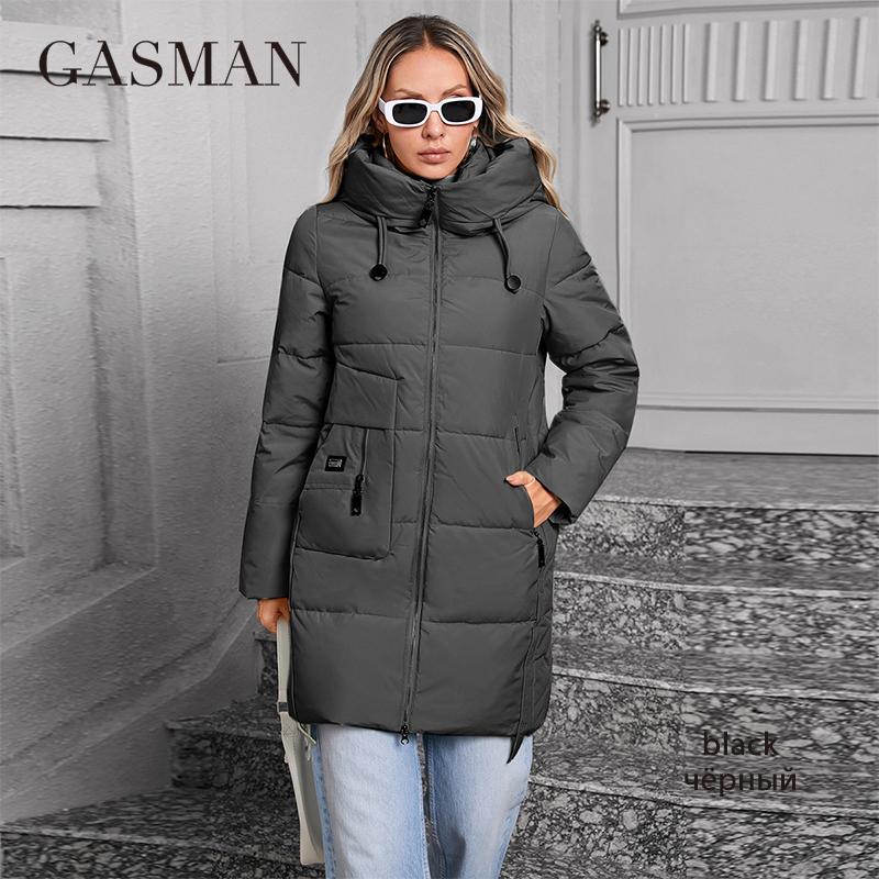 GASMAN 2024 Doudoune Femme Moyenne Conception classique à glissière Grande Poche Col Montant À Capuche Manteau Slim Femme Parkas 83356