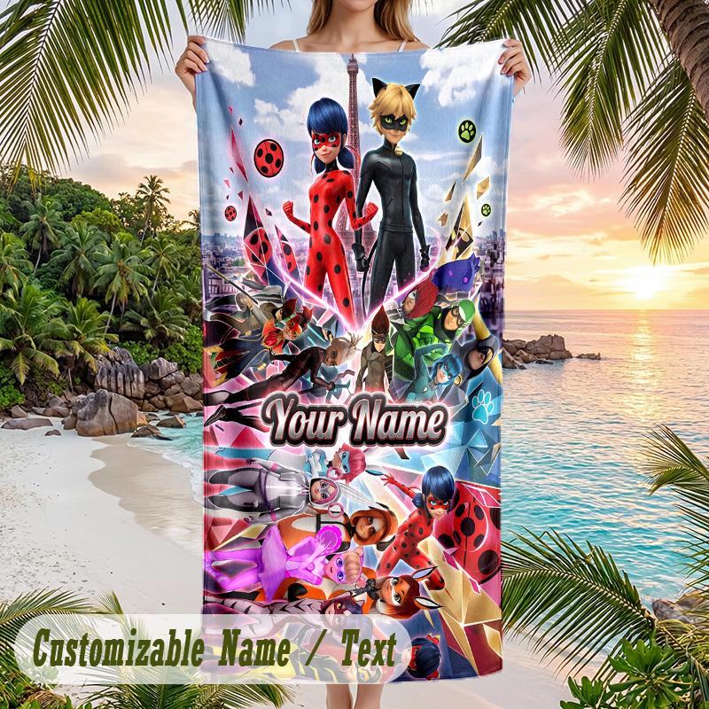 Miraculous Ladybug Beach Towel, Personalized Custom Text, Quick Dry Soft Large Towel For Swimming Pool Travel