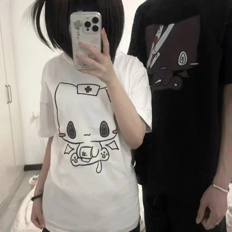T-shirt Femme Impression Cartoon Couple Amusant Doux Manches Courtes Col Lâche Y2K Harajuku Haut T-shirt Décontracté Femme
