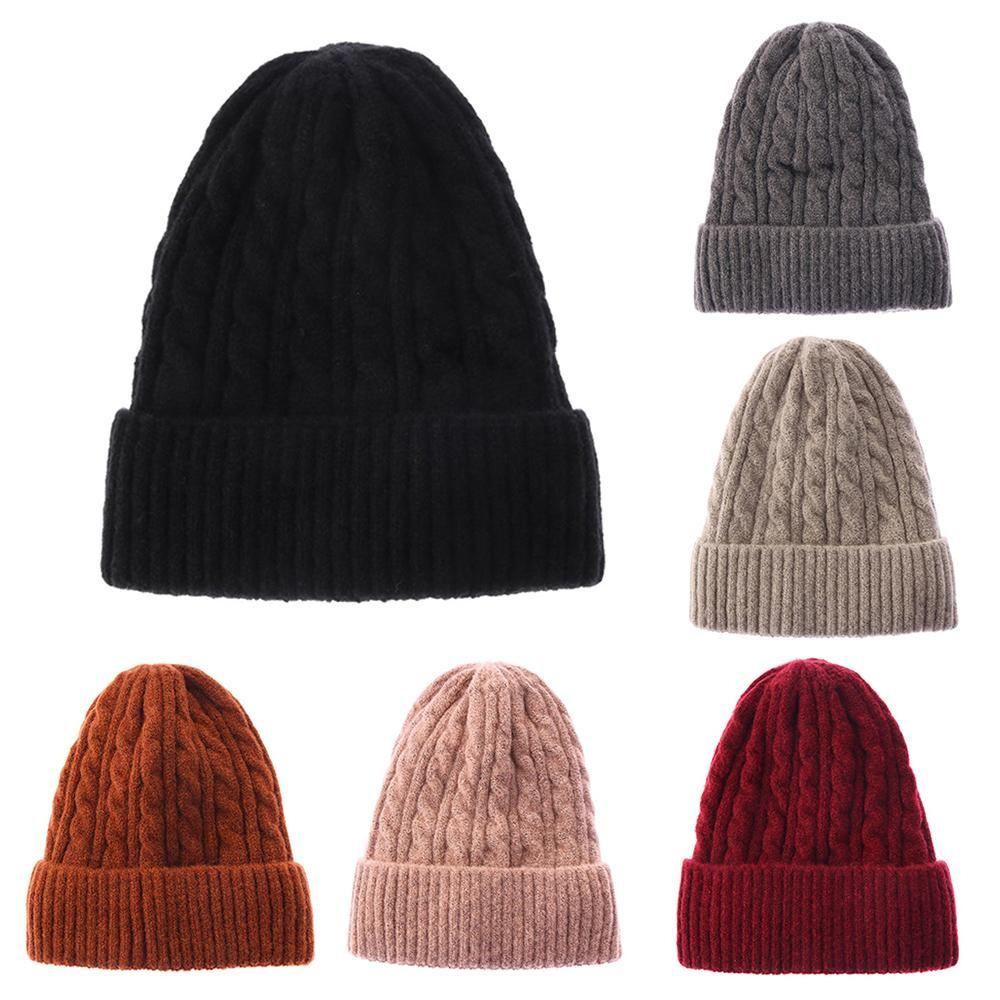 Soft Solid Color Casual Ski Hats Wool Knitted Beanies Thick Fleece Hedging Cap Slouchy Bonnet