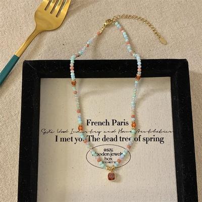 Women's Summer Ruby Crystal Blue Bead Necklace