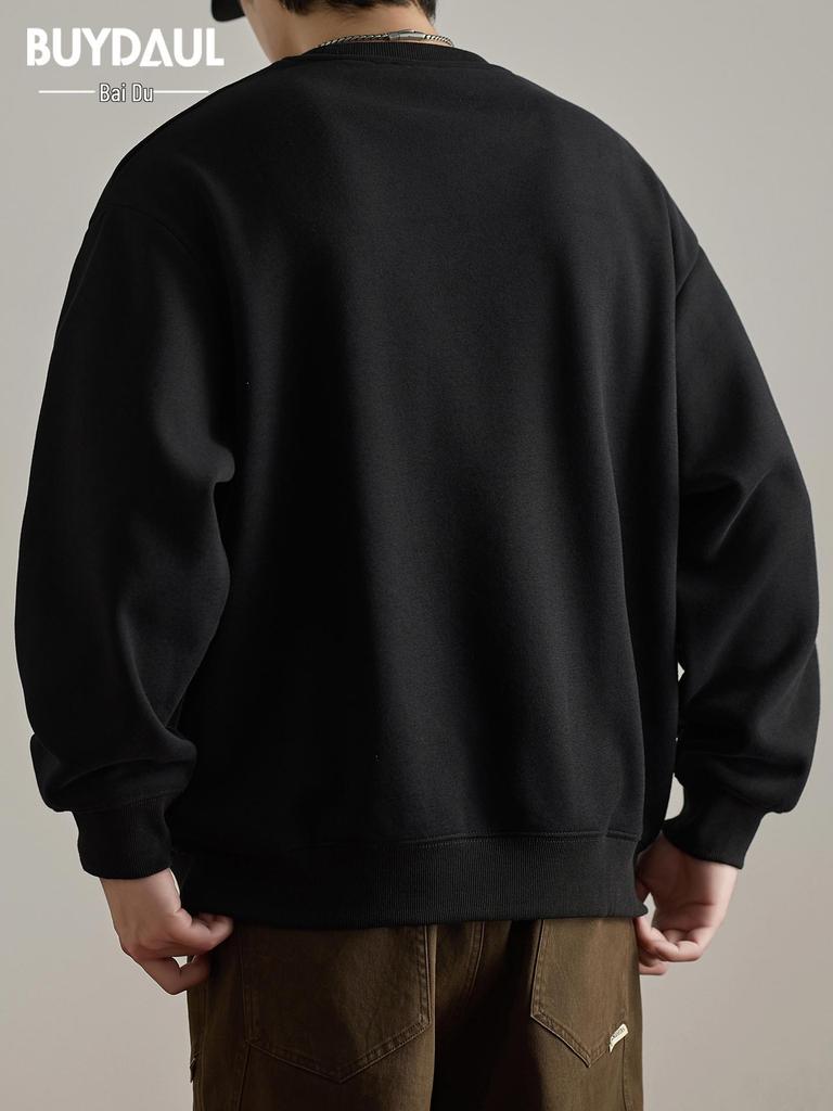 Men's American Style Heavyweight Crewneck Sweatshirt - New Autumn Arrival, Trendy, Loose, Solid Color, Versatile Casual Base Layer.