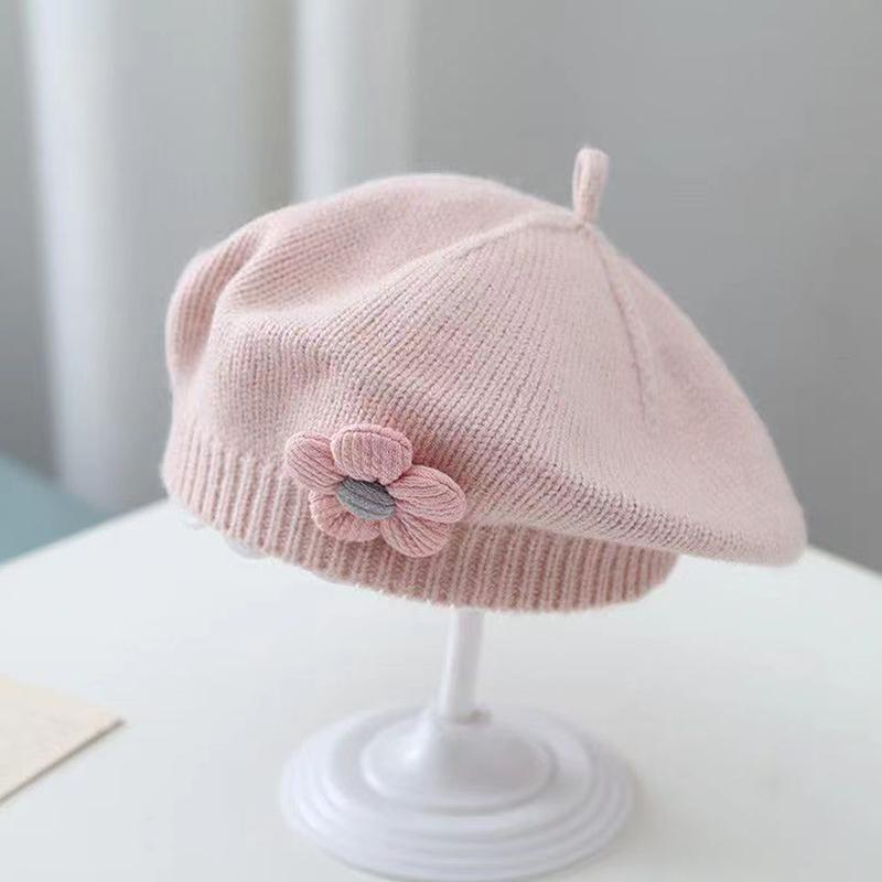 Cappello da bambino con fiore, berretto invernale caldo lavorato a maglia, tinta unita, per bambine, coreane, principesse, artisti, pittori
