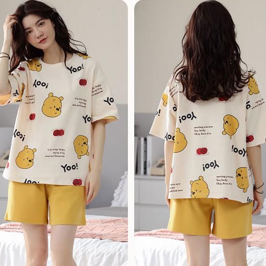 Cute girly summer cartoon Winnie the Pooh pajamas women's short-sleeved shorts crew neck suit can be worn outside loungewear