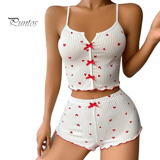2 Teile/satz Frauen Weste Shorts Anzug Schleife Herz Druck Ärmelloses Raffen Top Hohe Taille Kurze Hosen Homewear Loungewear Outfit Sommer Nachtwäsche