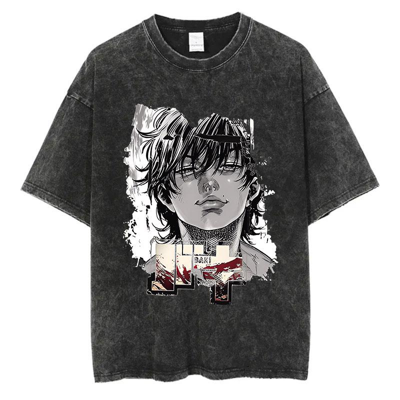 Anime Baki Washed Tshirt Harajuku Summer 100% Cotton Short Sleeve Oversize Tees Vintage Streetwear Baki Hanma Print T-Shirt
