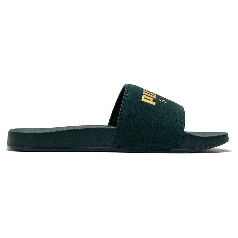 PUMA Leadcat Unisex Slides Green Gold Stylish Comfortable Casual Totem Leather Splicing 398678-03