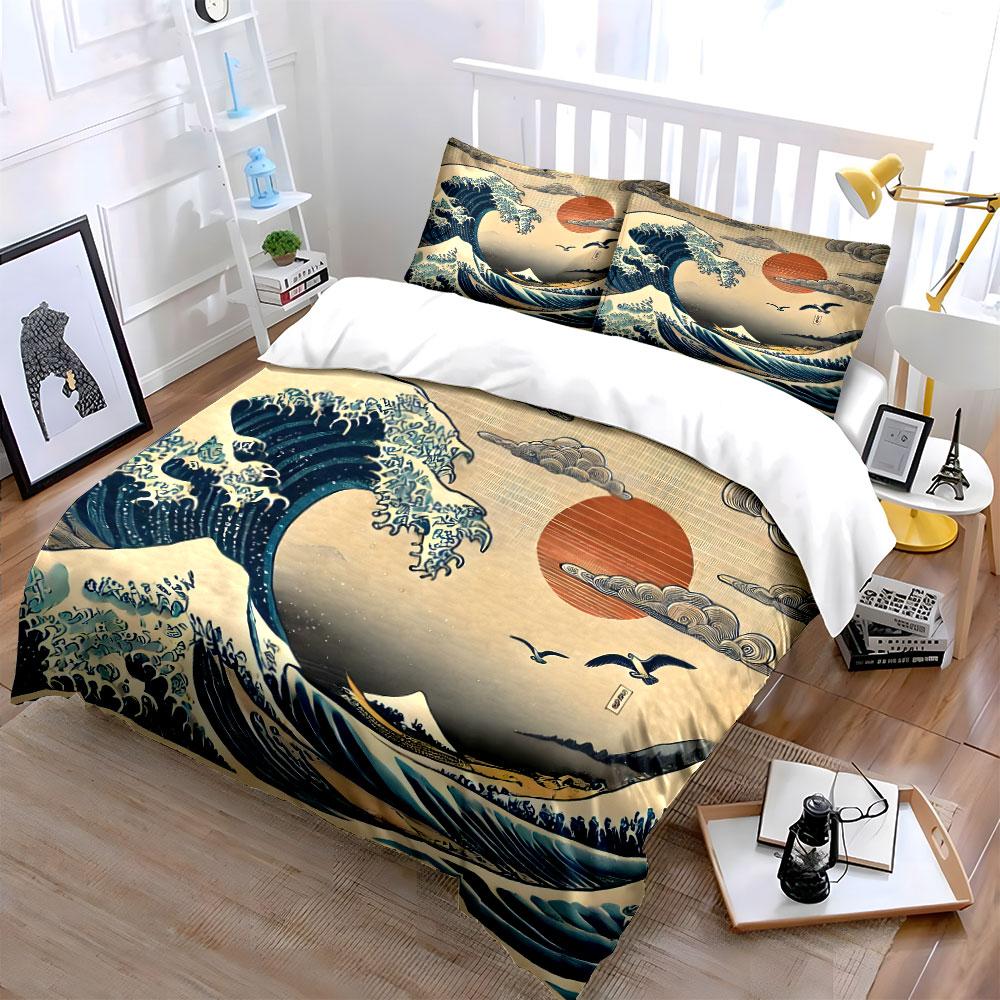 Classic Japanese Great Wave and Peaks Print Bedding Set 1 Duvet Cover 2Pillowcases for Adult and Children Luxury Gift Full Size