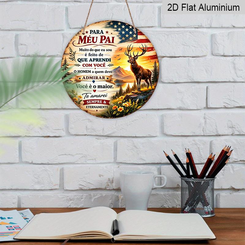 2D Flat, 1pc Portuguese Fathers Day Aluminum Sign, Vintage Deer Sunset Patriotic Design, "Para Meu Pai" Quote Decorative Sign for Home, Pub, Cabin