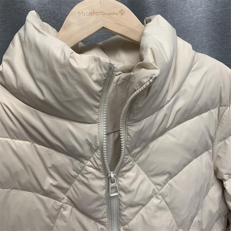 Women Autumn Winter White Duck Down Jacket Coat Padded Parka Short Stand Collar Pocket Loose Thin Lingge Solid Color