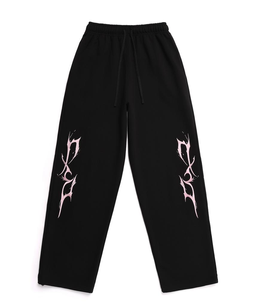 D.XO.H Thunder Logo Pink Embroidered Wide Pants Black
