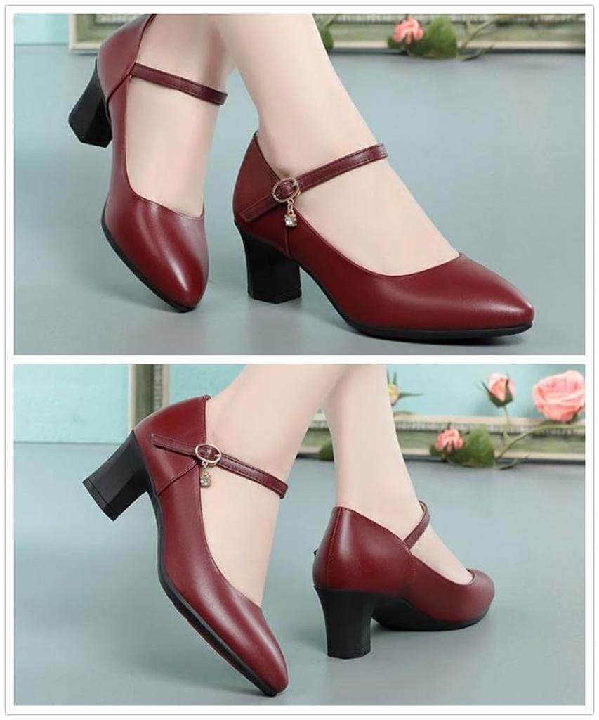 [Gengzee] Women's Formal Pumps, Chunky Heel, Ankle Strap, Wedge Heel, Commuting, Office Shoes, Job Hunting, Leg-Lengthening Heel, Red, 23.0cm