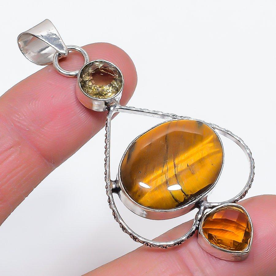 Tiger Eye, Citrine Handmade 925 Sterling Silver Jewelry Pendant 2.68" d5M94