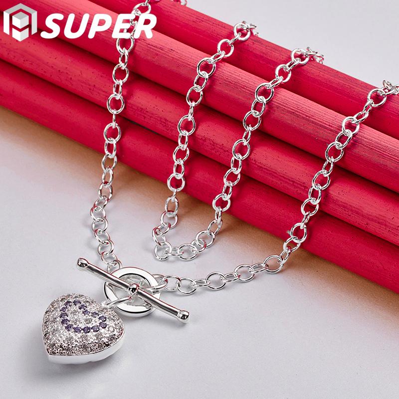 925 Sterling Zilver 18 Inch Paars AAA Zirkoon AAN Ketting Hart Hanger Ketting Sieraden