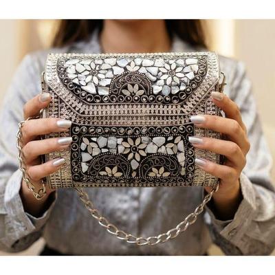 Handmade Square Mosaic Metal Bag Women/Girls Bridal Metal Clutch Party Sling Bag
