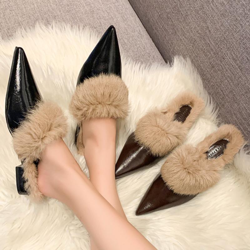 Fur Pointed Toe Women Slippers Plush Cotton Shoes Fad Mid Heels Leather Slingback Flip Flops 2025 Trend Casual Zapatos Mujer