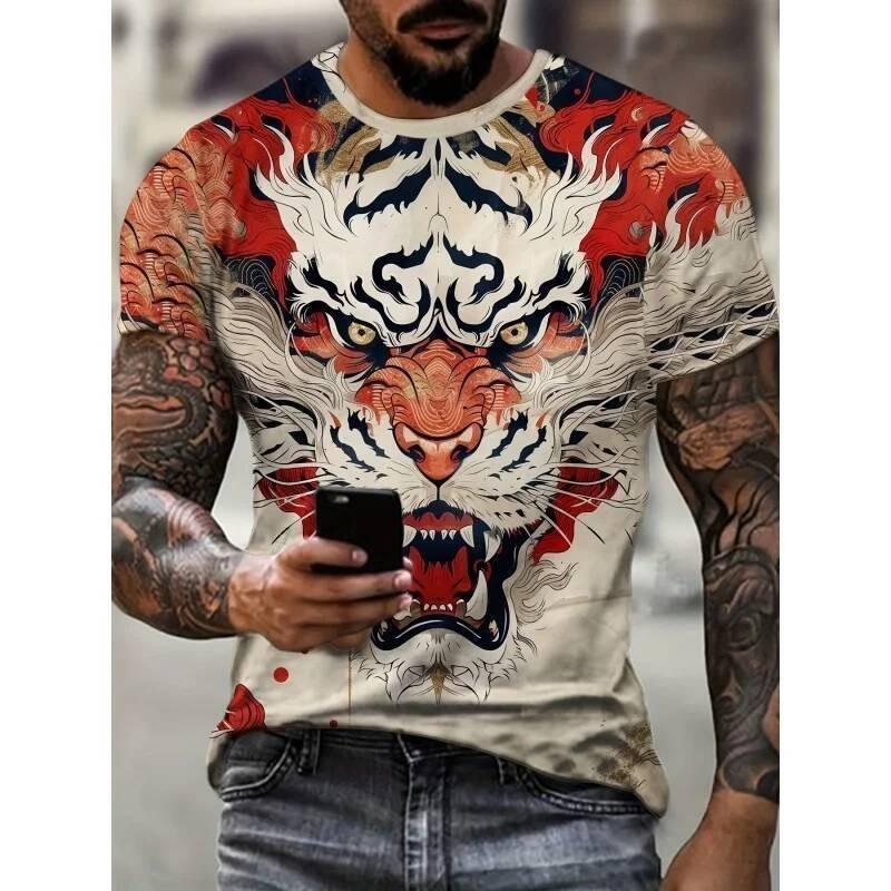 Cool Tiger and Lion Pattern Men's T-shirt Fun Animal 3D Printing T-shirt Summer Fashion Round Neck Top Extra Large Short Sleeve T-shirt