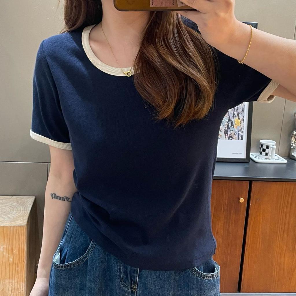 Neues kontrastfarbenes U-Ausschnitt-Kurzarm-T-Shirt mit vorderer Schulterpartie, Damenmode, vielseitiges und dünnes Oberteil, Sommer