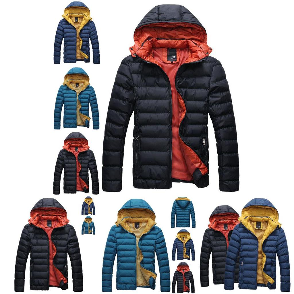 Men's Winter Warm Hooded Thick Padded Jacket With Stylish Stand Collar And Zipper Pockets