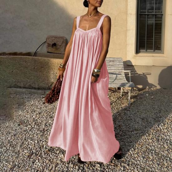 Robe d'été femme sans manches à fines bretelles plissée, robe maxi ample et fluide idéale pour la plage