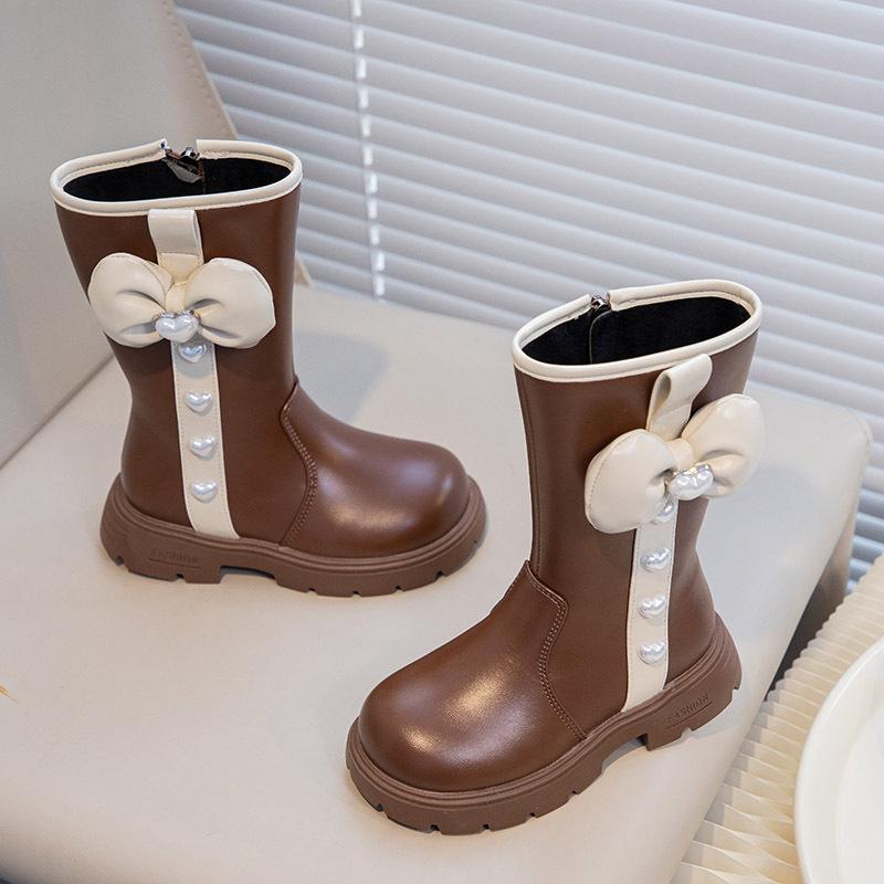 New low-top soft-soled leather boots for girls  bow booties