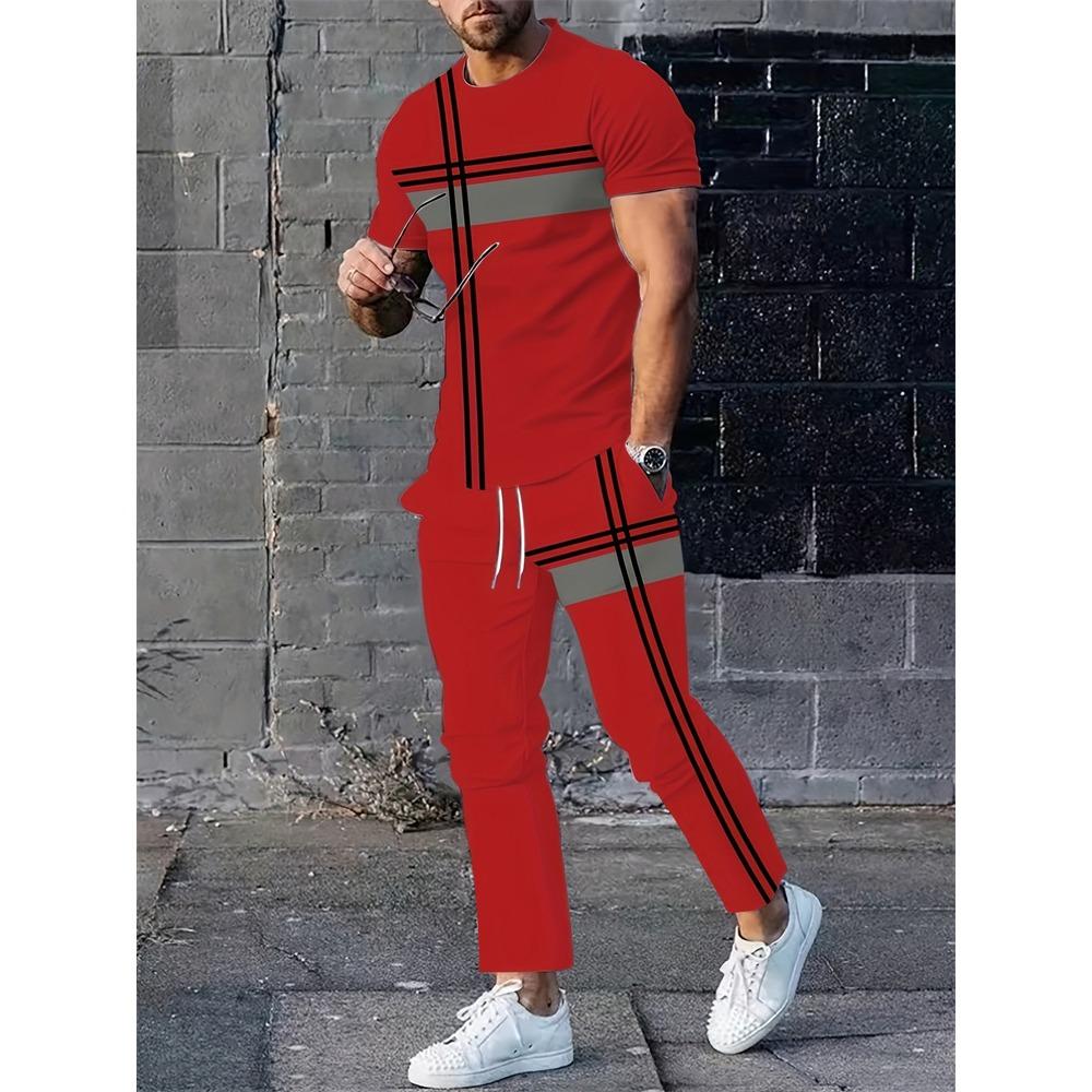 Nouveau Survêtement Sportif d'Été pour Homme T-shirt à Manches Courtes Imprimé avec Assemblage Col Rond Pantalon Lâche Ensemble Deux Pièces Streetwear