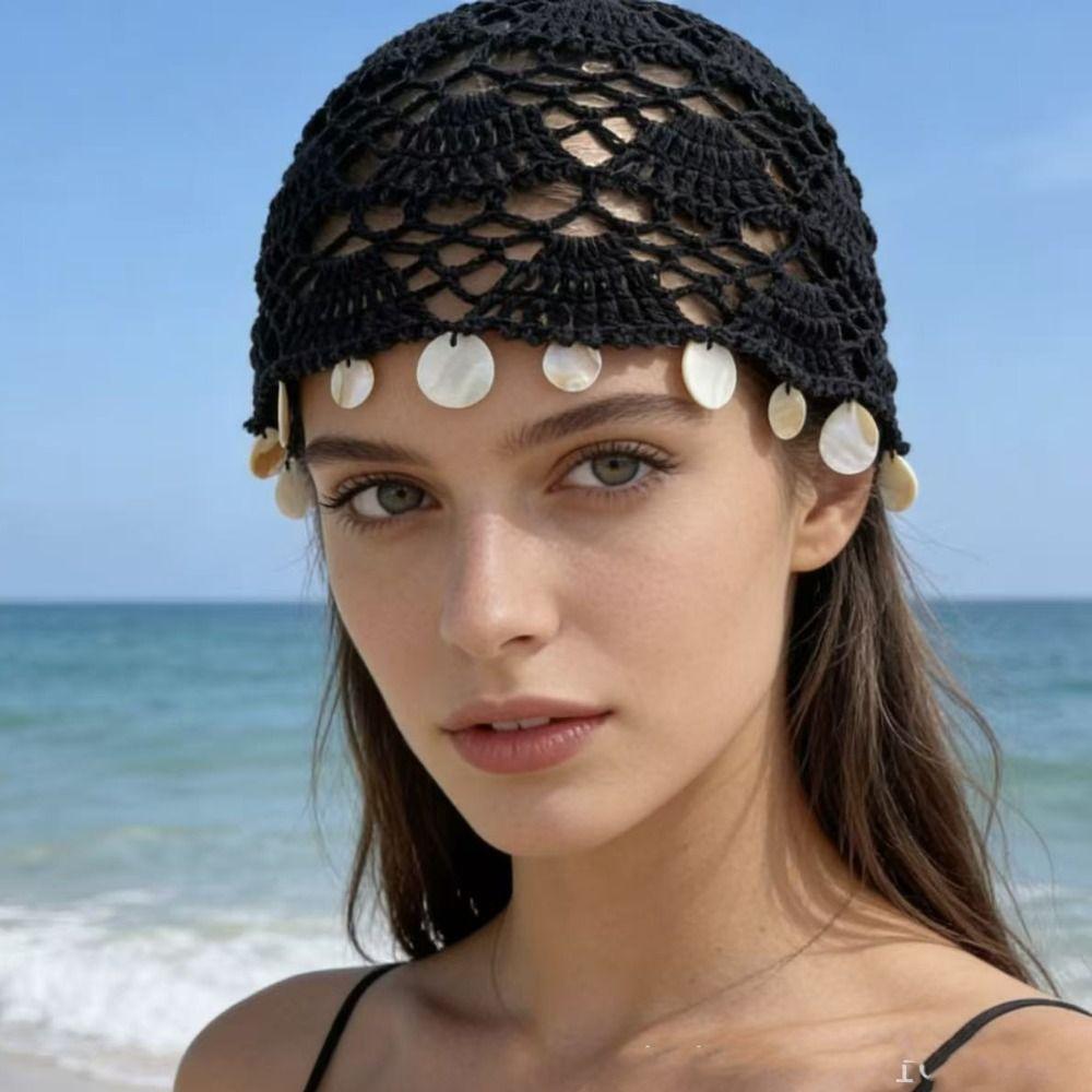 Solid Color Shell Tassels Hat Elegant Bohemian Style Beanies Woven Pullover Cap Spring Summer