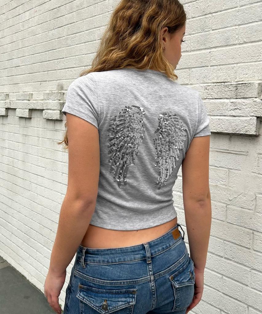 Seobdyudeu Wings Sequin T-Shirt (Pearl Grey Melange)