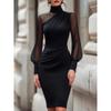 European and American Dinner Dresses, Mesh Stitching, Turtleneck Lantern Sleeves, Slim Hips, Women's Long Skirts