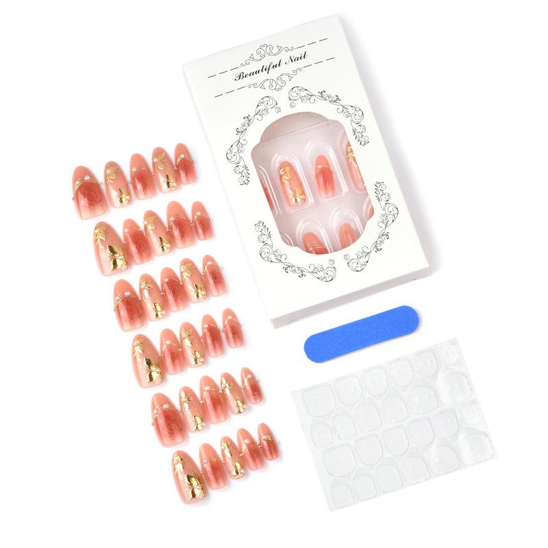 30-Piece Pink Rose Gilded Pearl Flower Nail Art Tips - Valentine's Day Handmade Almond Wearable Nails